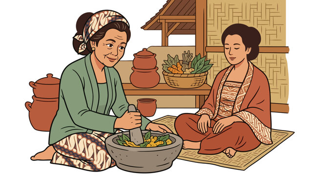 Traditional Indonesian women preparing herbal medicine and cooking ingredients with mortar and pestle illustration. EPS Editable