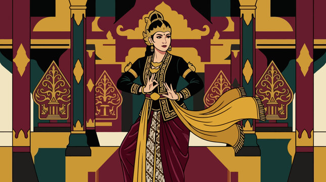 Traditional Javanese female dancer performing cultural dance in front of royal palace illustration. EPS Editable