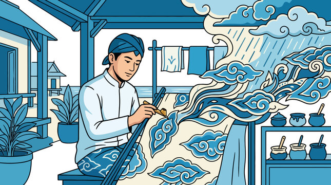 Traditional Javanese Artist Drawing Mega Mendung Batik Pattern with Canting Tool Illustration. EPS Editable