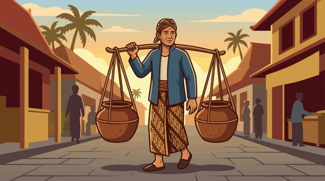 Traditional Javanese man carrying clay pots on a shoulder pole walking through a village street illustration. EPS Editable