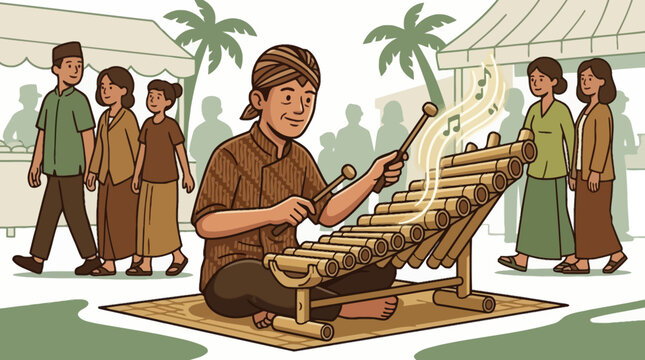 Traditional Javanese musician playing bamboo calung instrument at a cultural festival illustration. EPS Editable
