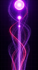 Naklejka premium Glowing orbs ascend through swirling trails of purple and red glitter particles against a dark grid, symbolizing energy, movement, and cosmic phenomenon
