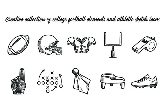 Creative collection of college football elements and athletic sketch icons