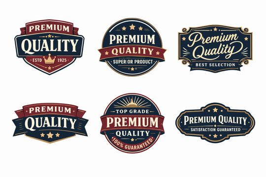 Vintage premium quality badges set illustrating retro classic labels, emblems, and stickers for product branding