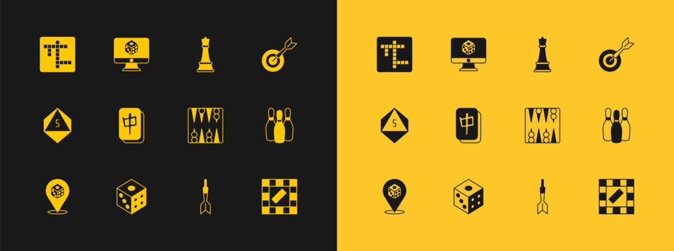 Set Classic dart board and arrow, Game dice, Backgammon, Dart, Mahjong pieces, Chess, Crossword and icon. Vector