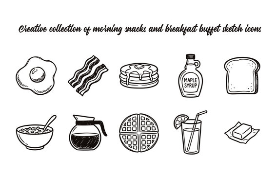 Creative collection of morning snacks and breakfast buffet sketch icons