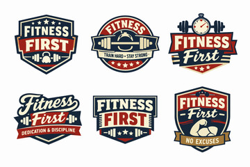 Naklejka premium Fitness first logos set for gym, workout, and bodybuilding, featuring vintage sports badges with exercise equipment