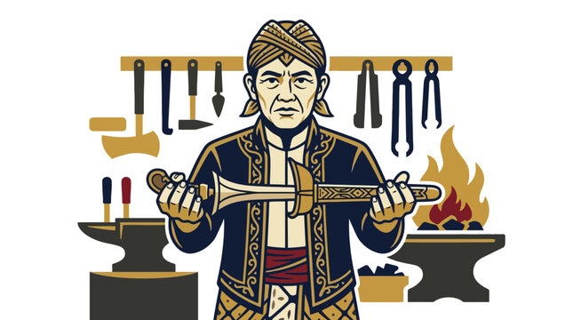 Vector illustration of a traditional Javanese blacksmith holding a keris dagger in his workshop. EPS Editable