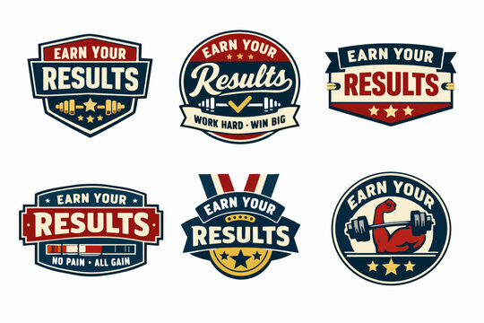 Fitness and gym inspiration logos collection offering motivation and results for bodybuilding or workout training