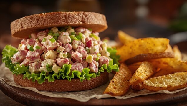 Wheat bread ham salad with lettuce and potato wedges.