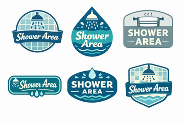 Obraz premium Shower area signs collection presenting bathroom hygiene location with water drops and shower heads, cartoon style