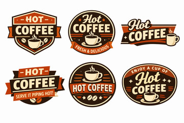 Obraz premium Set of assorted hot coffee vintage labels with cups and beans. Perfect for cafes, restaurants, and branding