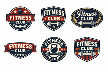 Naklejka premium Fitness club logos set presenting vintage sport emblems and gym labels with barbells, kettlebells, and stars