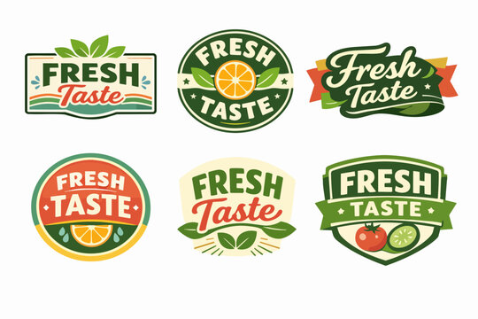 Fresh taste food label set with organic natural product concepts including fruit, vegetable, and culinary herb elements