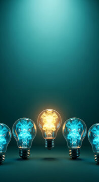 Row of light bulbs with blue smoke inside, one glowing yellow, symbolizing innovation and a standout idea against conformity.