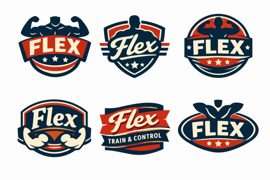 Set of six vintage style fitness gym and sports logos with muscular bodybuilders flexing, promoting strength training