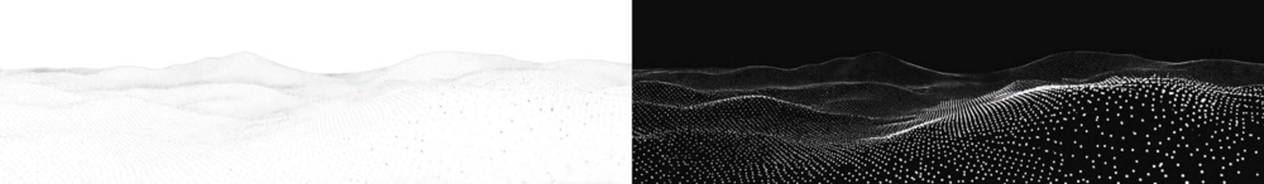 Abstract 3D particle wave landscape on white and black background, realistic digital plex grid sand dunes overlay