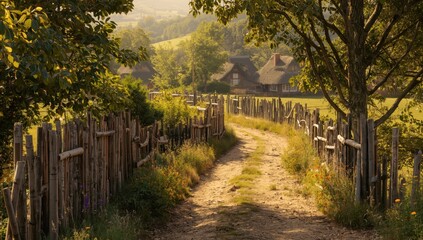 Obraz premium Wooden stick fence by dirt trail in countryside.