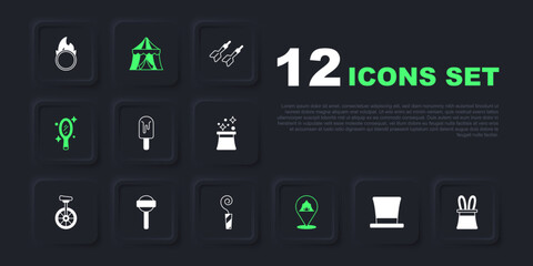 Set Cylinder hat, Magician and rabbit ears, Ice cream, Circus tent, hand mirror, Lollipop, and Birthday party horn icon. Vector © Iryna