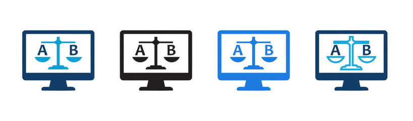 A/B testing and data comparison workflow illustration. Four computer monitors displaying split test variants for conversion optimization. Blue and white color scheme for digital marketing projects. © Salman Ahmad