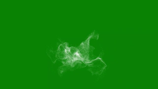 Abstract white and purple particle waves forming a glowing digital sphere, dynamic fluid transformation with turbulent dot motion graphics and futuristic data visualization on green background in 4K
