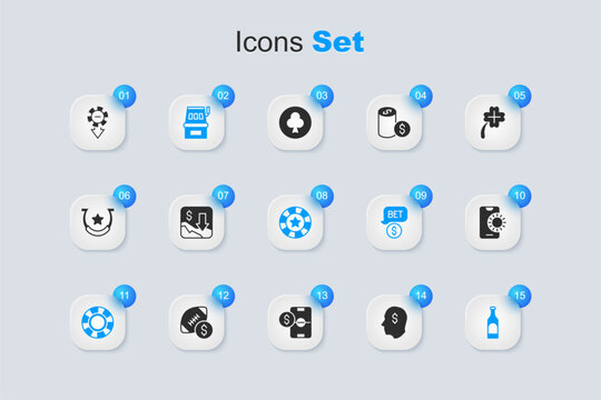 Set Lucky player, Financial growth decrease, Slot machine, Casino chips, Bottle of wine, Online sports betting, and icon. Vector