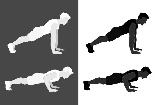 Vector artwork showing a man performing pushups workout. Fitness guide with starting plank position and downward lowering phase in black and white silhouette, (cut out)
