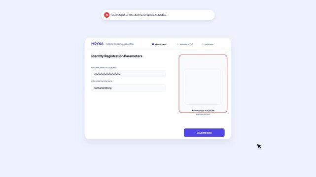 User Interface Identity Registration Form with National Identity Code Rejection Error Notification