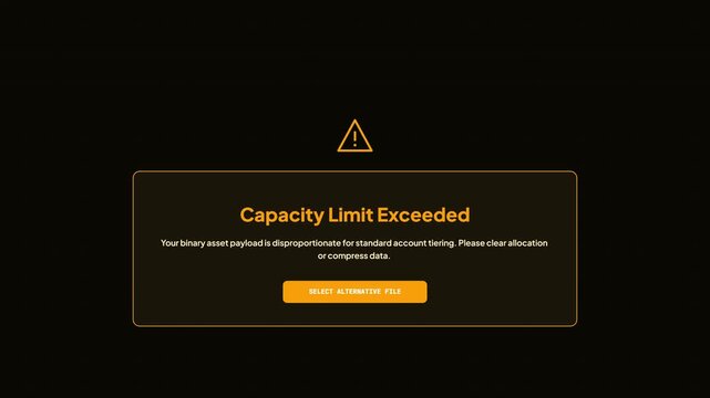 Digital portal upload progress bar encountering capacity limit exceeded error pop-up on dark background. Data file size limit alert and storage allocation concept video