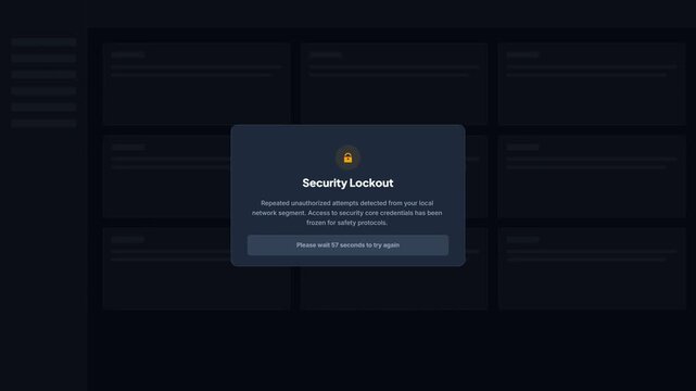 Security Lockout Error Message Popup Box with Dark Mode Dashboard Background