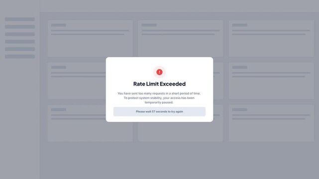 Rate Limit Exceeded Popup Error Message with 60 Second Countdown Timer Animation