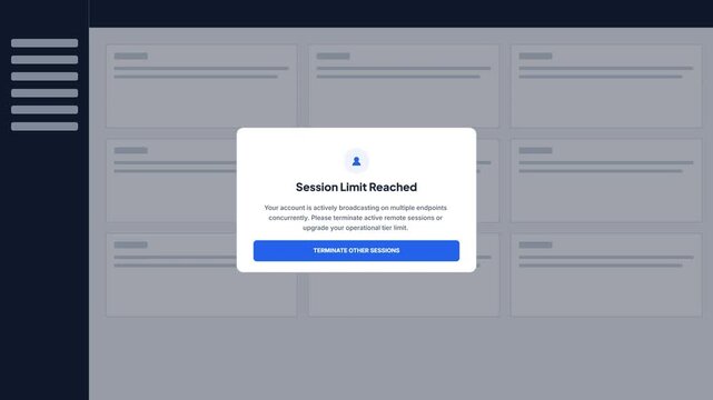 Session Limit Reached Error Message Popup Window with Dashboard Background