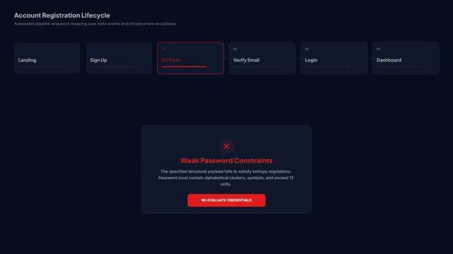 Weak Password Constraints Error Notification on Account Registration Lifecycle Dashboard