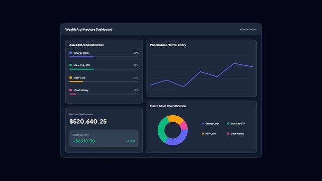 Wealth architecture dashboard interface with animated asset allocation structures, pie chart diversification, and performance matrix history graphs.