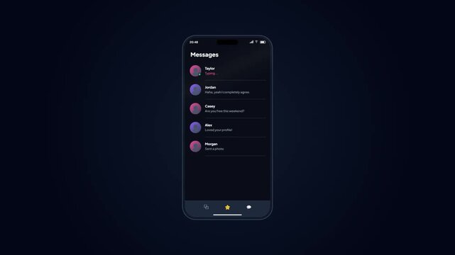 Mobile instant messaging chat list interface application with typing indicator and unread notifications layout design in dark mode UI.