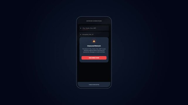 Smartphone screen displaying network connection list with an unsecure public Wi-Fi security warning pop-up animation in dark mode UI design.