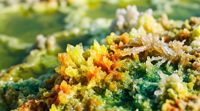 Macro view of colorful sulfur and salt mineral formations in Dallol, Ethiopia, revealing intricate crystalline textures and vibrant geothermal patterns in natural sunlight.