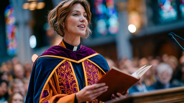 Female bishop in ceremonial vestments delivers a sermon from a contemporary church pulpit, congregation visible in pews beyond her, holding a leather-bound text with authority, stained glass casting