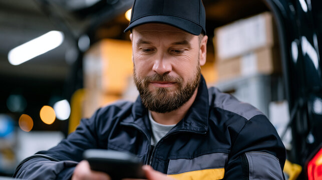 Gig economy delivery driver reviewing multi-stop parcel route on dashboard-mounted device before dawn in urban logistics depot, electric vehicle charging cable disconnected and stowed, organized car