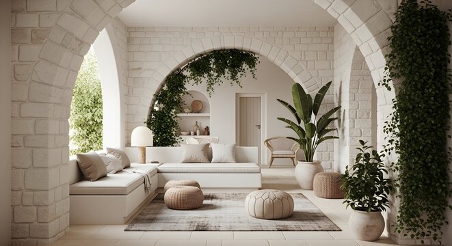 Elegant outdoor lounge with arched architecture and lush greenery modern patio design