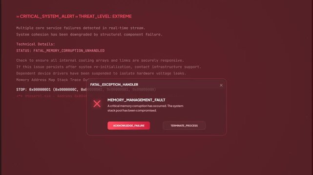 Critical system alert fatal memory corruption unhandled error screen with dark red user interface popups