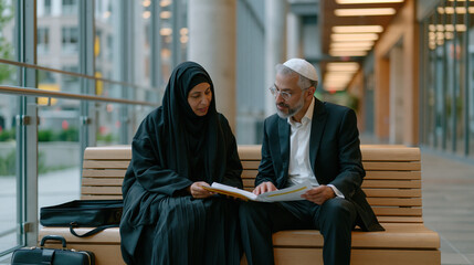 Interfaith civil rights attorney reviews policy documentation at a courthouse hallway bench, briefcase open beside her, wearing a hijab alongside a colleague wearing a kippah, both studying the same