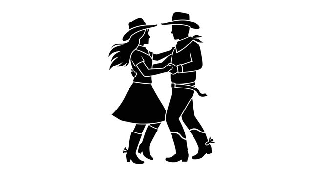 Cowboy and cowgirl perform a lively country western dance in this rhythmic silhouette illustration.