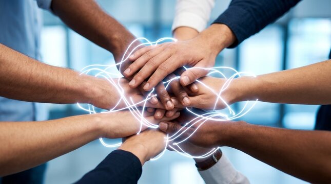 Multiethnic Diverse Team Stacking Hands with Glowing Digital Tech Network Lines