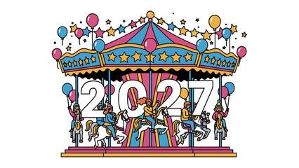 Fototapeta premium Carousel Celebration of 2027: A vibrant carousel decorated with balloons and stars, featuring the year 2027 prominently displayed and people enjoying the festive ride.