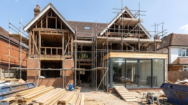 Residential house renovation with scaffolding and building materials