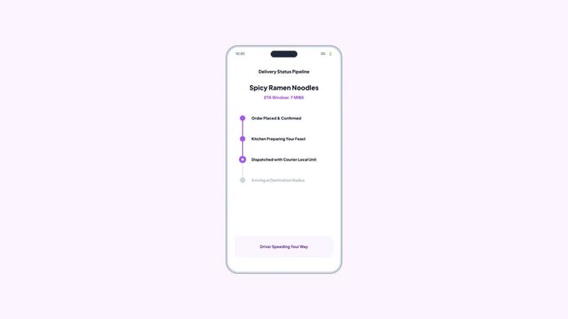 Smartphone interface showing live delivery status pipeline for food order with animated progress steps. Mobile logistics tracking and online ordering concept video