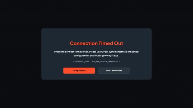 System Connection Timed Out Error Message Popup Window on Dark Interface Animation