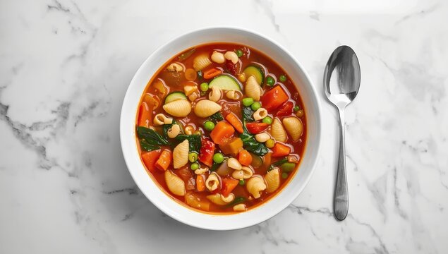 Vegetarian minestrone featuring zucchini, carrot, mini shells, red pepper, white beans, green peas, and spinach in a white bowl on a marble table with a spoon, top view, empty space.