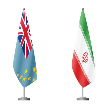 Tuvalu and Iran flags on flagpoles for official ceremonies and meetings, transparent background vector